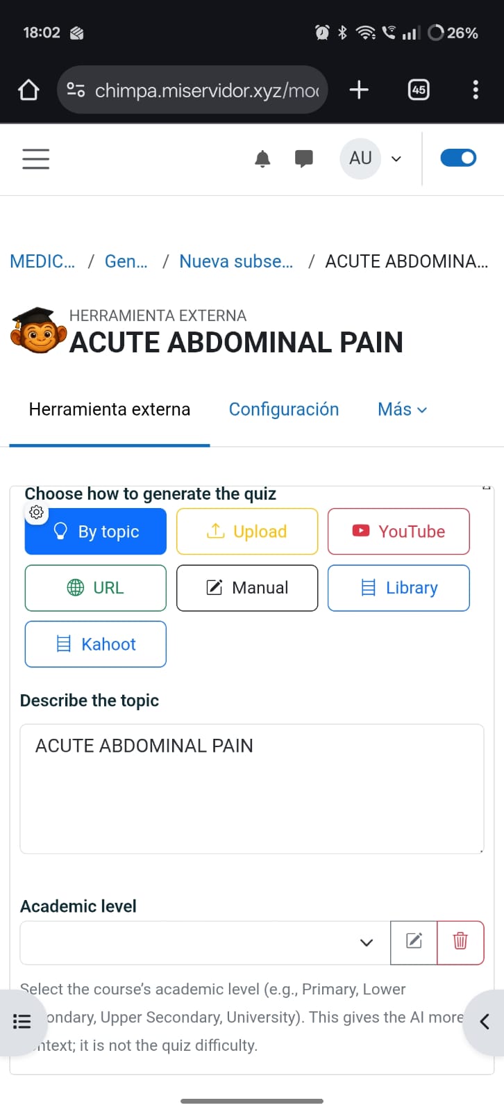 Pantalla de generación de cuestionario por tema, PDF, URL o vídeo