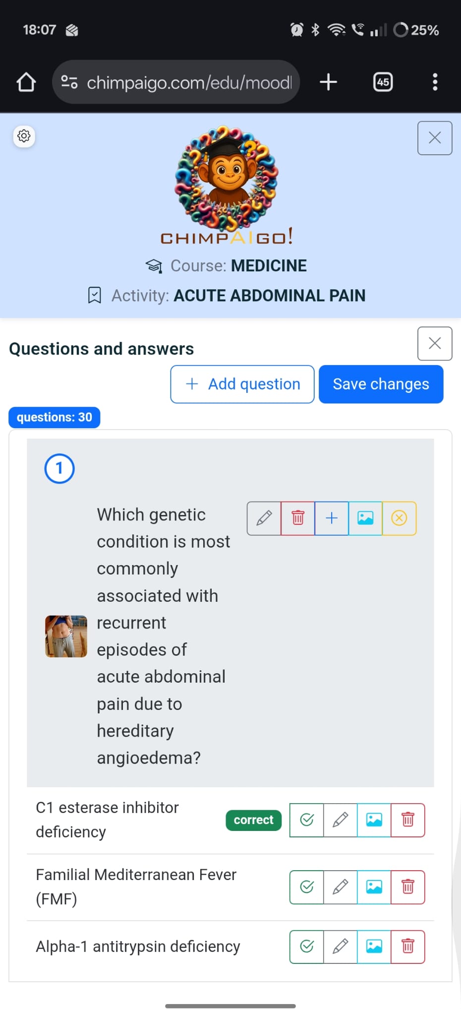 Editor de preguntas y respuestas de chimpAIgo! con imagen asociada