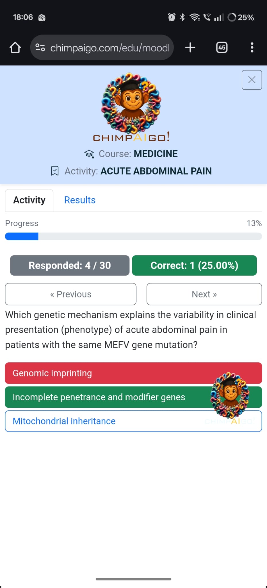Alumno respondiendo al cuestionario chimpAIgo! con barra de progreso y porcentaje de aciertos